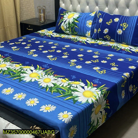 3 Pcs Crystal Cotton Printed Double Bed Sheet